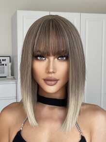 HAIRCUBE 14 Inch Short Straight Wigs with Bangs for Women Ombre Blonde Brown Wigs Synthetic Wigs for Daily Use - Multicolor - View 2