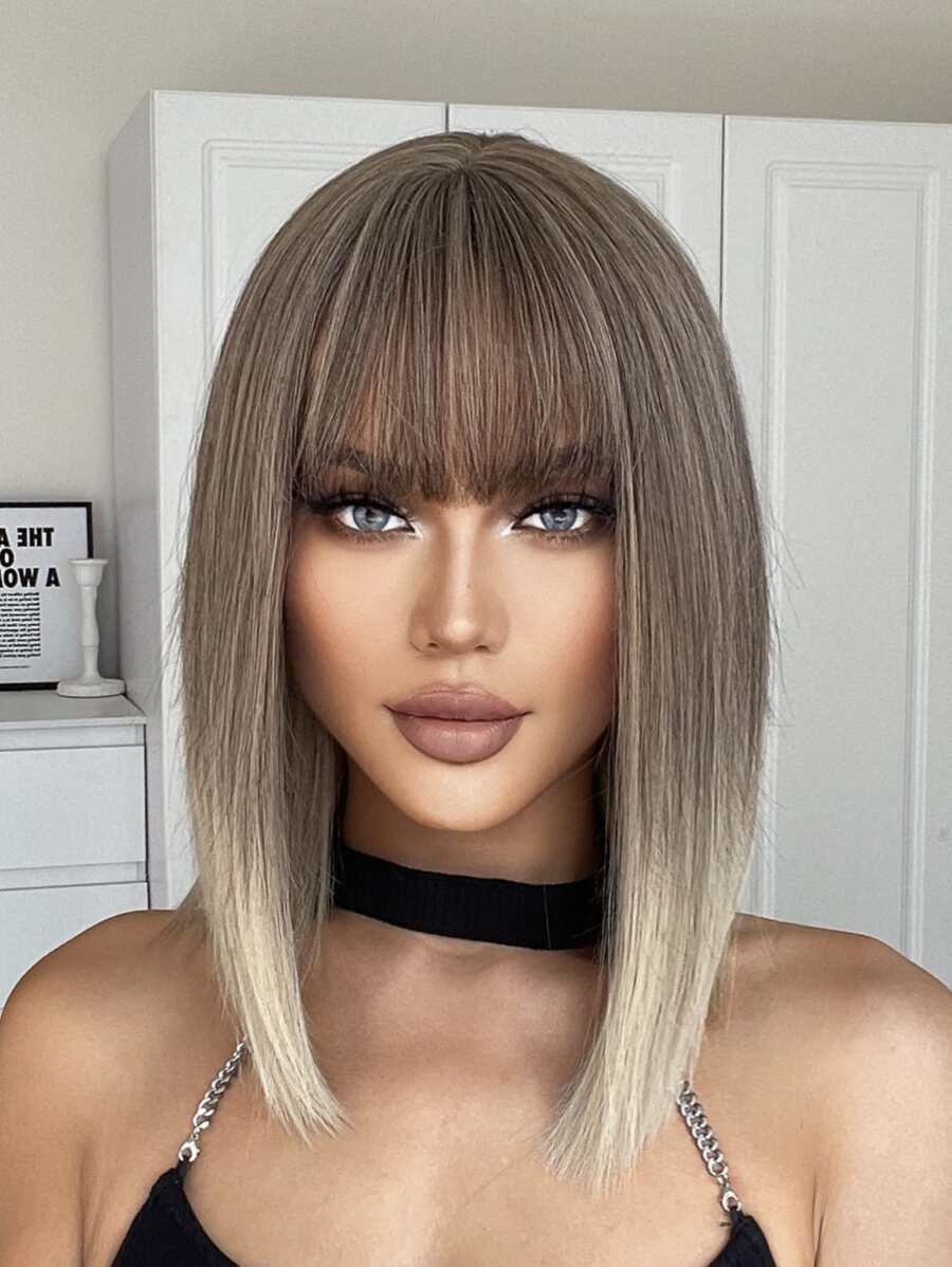 HAIRCUBE 14 Inch Short Straight Wigs with Bangs for Women Ombre Blonde Brown Wigs Synthetic Wigs for Daily Use
