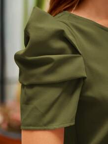 SHEIN Clasi 鎖眼領口泡泡袖襯衫 - 軍綠色 - 查看 3