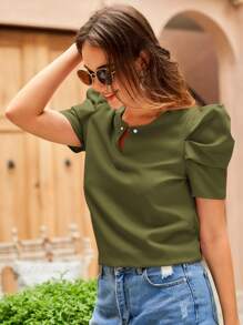 SHEIN Clasi 鎖眼領口泡泡袖襯衫 - 軍綠色 - 查看 4