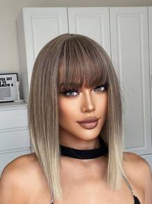 HAIRCUBE 14 Inch Short Straight Wigs with Bangs for Women Ombre Blonde Brown Wigs Synthetic Wigs for Daily Use - Multicolor - View 4