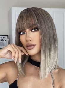 HAIRCUBE 14 Inch Short Straight Wigs with Bangs for Women Ombre Blonde Brown Wigs Synthetic Wigs for Daily Use - Multicolor - View 5