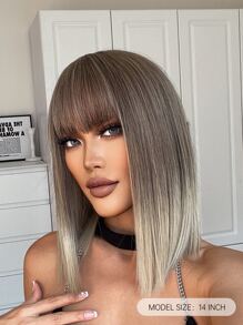 HAIRCUBE 14 Inch Short Straight Wigs with Bangs for Women Ombre Blonde Brown Wigs Synthetic Wigs for Daily Use - Multicolor - View 6