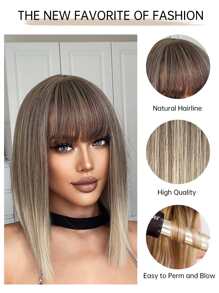 HAIRCUBE 14 Inch Short Straight Wigs with Bangs for Women Ombre Blonde Brown Wigs Synthetic Wigs for Daily Use - Multicolor - View 8