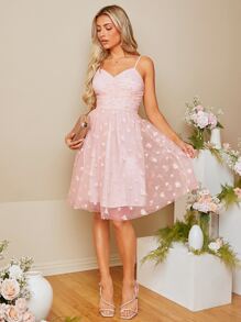 SHEIN Belle Floral Pattern Mesh Overlay Cami Dress - Baby Pink - View 3