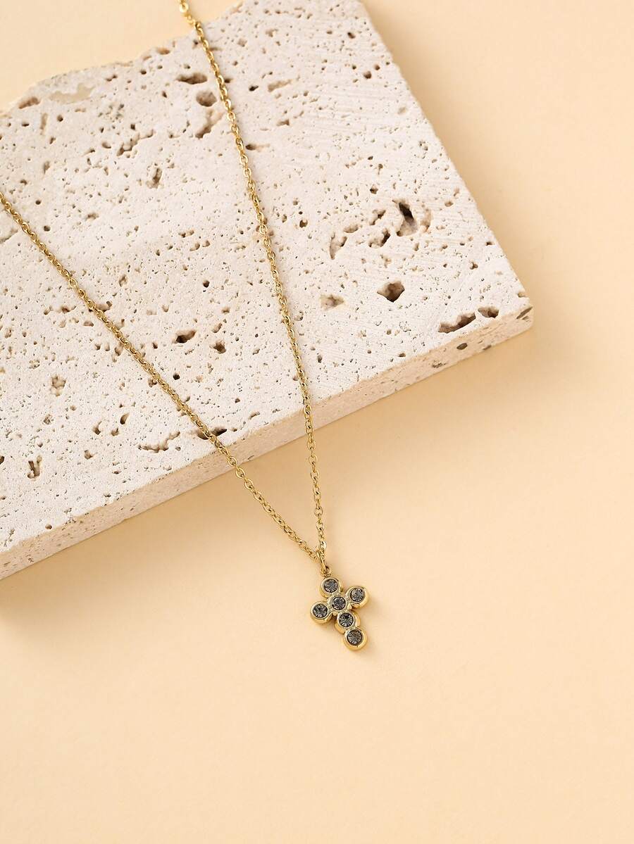 Rhinestone Cross Charm Necklace - Yellow Gold - View 1