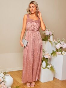 SHEIN Belle 花卉圖案提花緞面吊帶裙伴娘禮服