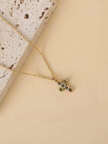 Rhinestone Cross Charm Necklace - Yellow Gold - View 3