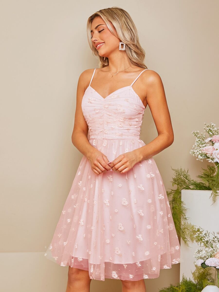 SHEIN Belle Floral Pattern Mesh Overlay Cami Dress - Baby Pink - View 1
