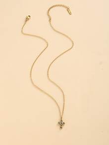 Rhinestone Cross Charm Necklace - Yellow Gold - View 6