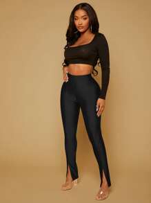SHEIN SXY High Waist Split Hem Skinny Trousers - Black - View 5