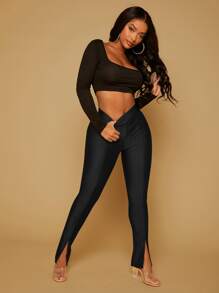 SHEIN SXY High Waist Split Hem Skinny Trousers - Black - View 6