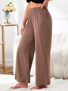 Solid Elastic Waist Lounge Trousers - Mocha Brown - View 1