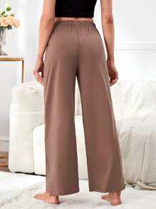 Solid Elastic Waist Lounge Trousers - Mocha Brown - View 2