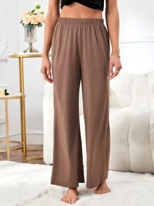 Solid Elastic Waist Lounge Trousers - Mocha Brown - View 4