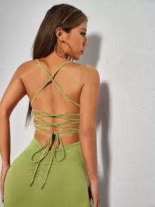 SHEIN PETITE Split Thigh Lace Up Open Back Cami Dress - Lime Green - View 6