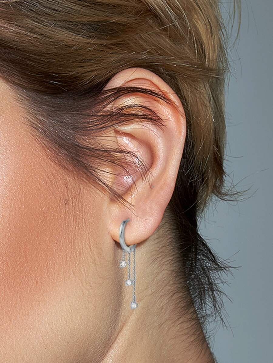 方晶鋯石裝飾金屬流蘇銀耳墜適合女士新娘婚禮精細首飾類 - 銀色 - 查看 1