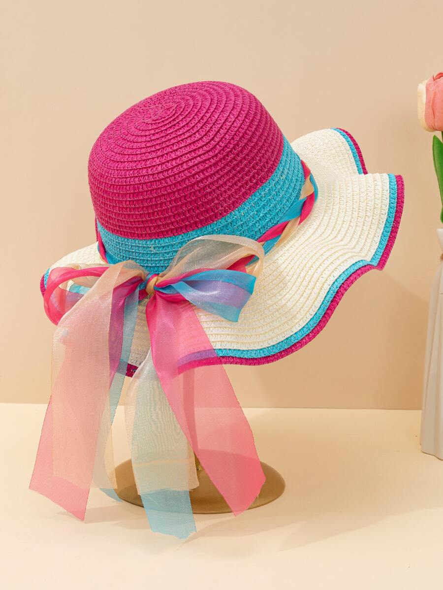 1 件装男女通用幼儿彩虹辫蝴蝶结装饰彩色波浪帽檐沙滩太阳帽，可爱甜美，适合户外旅行、海滩、亲子搭配、日常防晒 - 彩色 - 查看 1