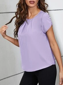 SHEIN Clasi 素色百褶細節花瓣袖襯衫 - 紫丁香色 - 查看 3