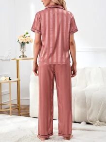 Striped Jacquard Contrast Piping Satin PJ Set / Pajama Set - Pink - View 2