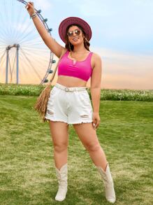 Swim EVENT 大碼缺口領背心上衣 - 玫紅色 - 查看 5