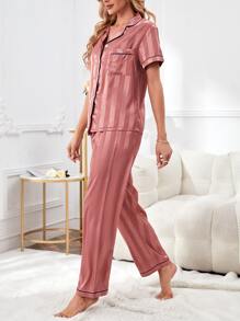Striped Jacquard Contrast Piping Satin PJ Set / Pajama Set - Pink - View 3