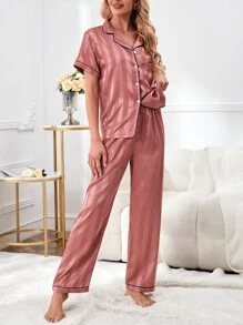 Striped Jacquard Contrast Piping Satin PJ Set / Pajama Set - Pink - View 4