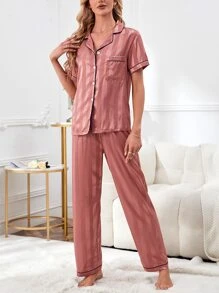 Striped Jacquard Contrast Piping Satin PJ Set / Pajama Set - Pink - View 5