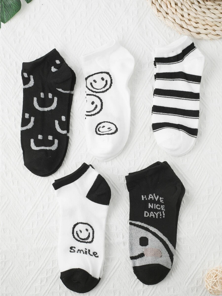 5雙卡通圖案短襪 - 黑與白 - 查看 1