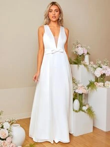 SHEIN Belle Mesh Insert Bow Front Maxi Wedding Dress - White - View 1
