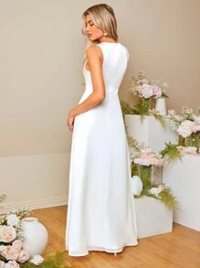 SHEIN Belle Mesh Insert Bow Front Maxi Wedding Dress - White - View 4