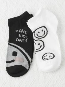 5雙卡通圖案短襪 - 黑與白 - 查看 2