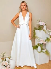 SHEIN Belle Mesh Insert Bow Front Maxi Wedding Dress - White - View 3