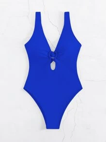 Swim Basics 環鏈鏤空深V領連體泳衣 - 寶藍色 - 查看 5
