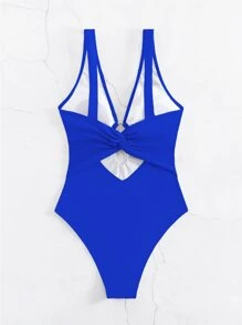 Swim Basics 環鏈鏤空深V領連體泳衣 - 寶藍色 - 查看 6