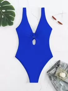 Swim Basics 環鏈鏤空深V領連體泳衣 - 寶藍色 - 查看 7