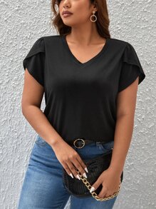 SHEIN LUNE Plus Petal Sleeve V Neck Tee - Black - View 1