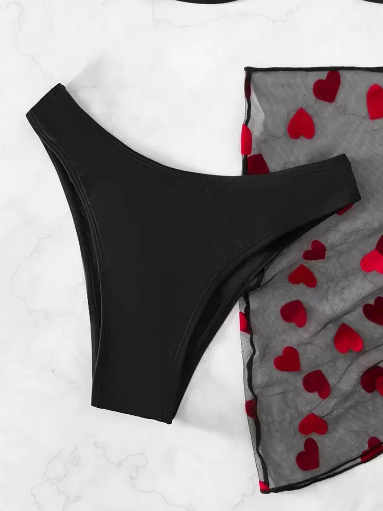 SHEIN Swim Summer Beach Heart Print Underwire Bikini Set With Beach Skirt - Black - View 6