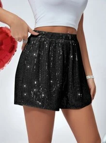 SHEIN Privé High Waist Sequin Shorts - Black - View 1