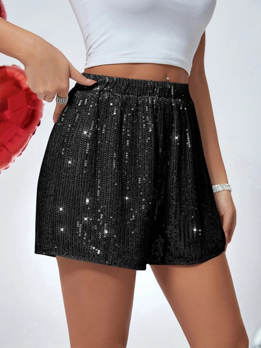 SHEIN Privé High Waist Sequin Shorts - Black - View 1