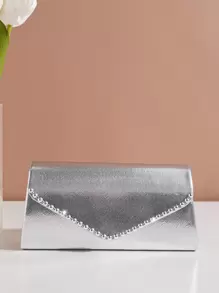 金屬質感水鑽裝飾翻蓋方包 - 銀色 - 查看 1