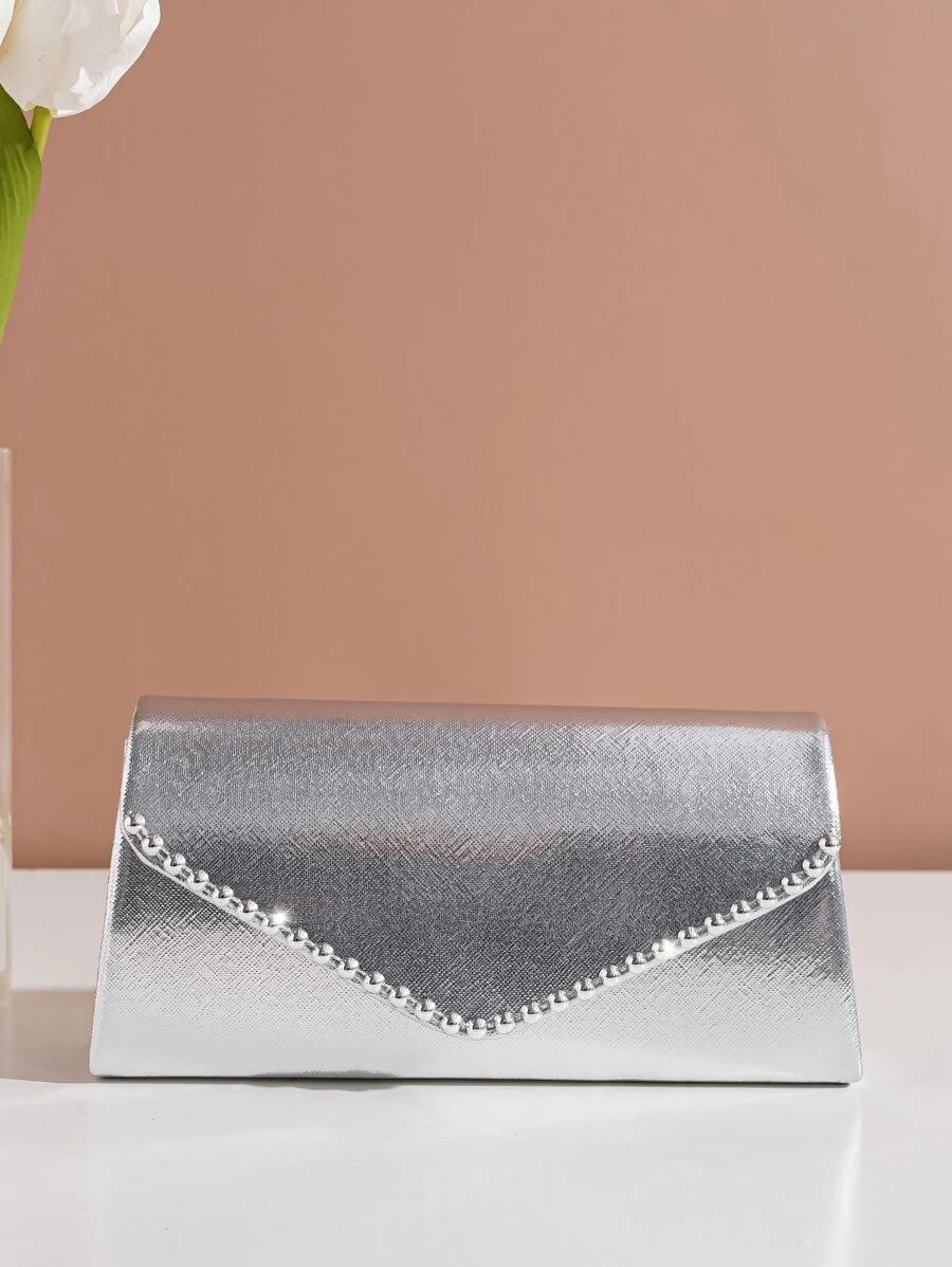 金屬質感水鑽裝飾翻蓋方包 - 銀色 - 查看 1