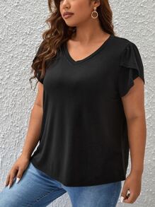 SHEIN LUNE Plus Petal Sleeve V Neck Tee - Black - View 3