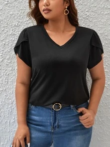 SHEIN LUNE Plus Petal Sleeve V Neck Tee - Black - View 5