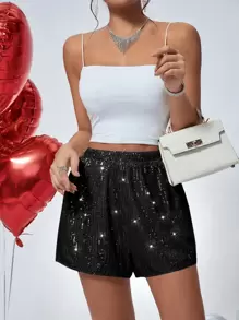 SHEIN Privé High Waist Sequin Shorts - Black - View 3