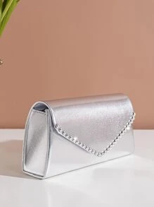 金屬質感水鑽裝飾翻蓋方包 - 銀色 - 查看 5