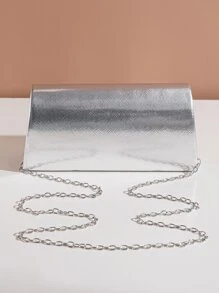 金屬質感水鑽裝飾翻蓋方包 - 銀色 - 查看 7