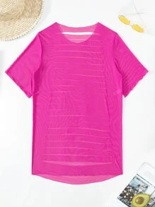 Swim SXY Summer Beach Solid Ripped Mesh Cover Up - Hot Pink - View 6