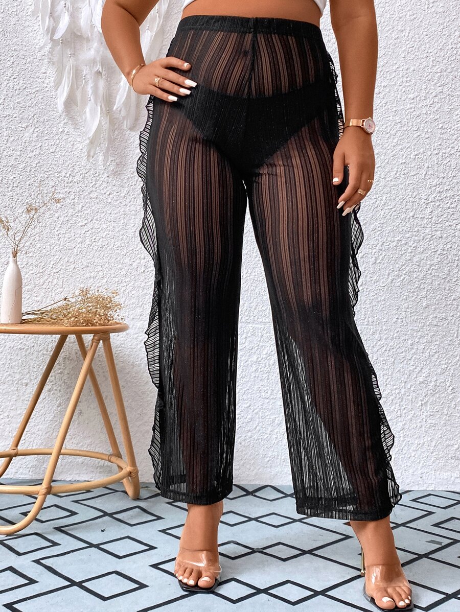 Calvaya Pantalones de rayas de malla ribete con fruncido transparente sin bragas - Negro - Ver 1