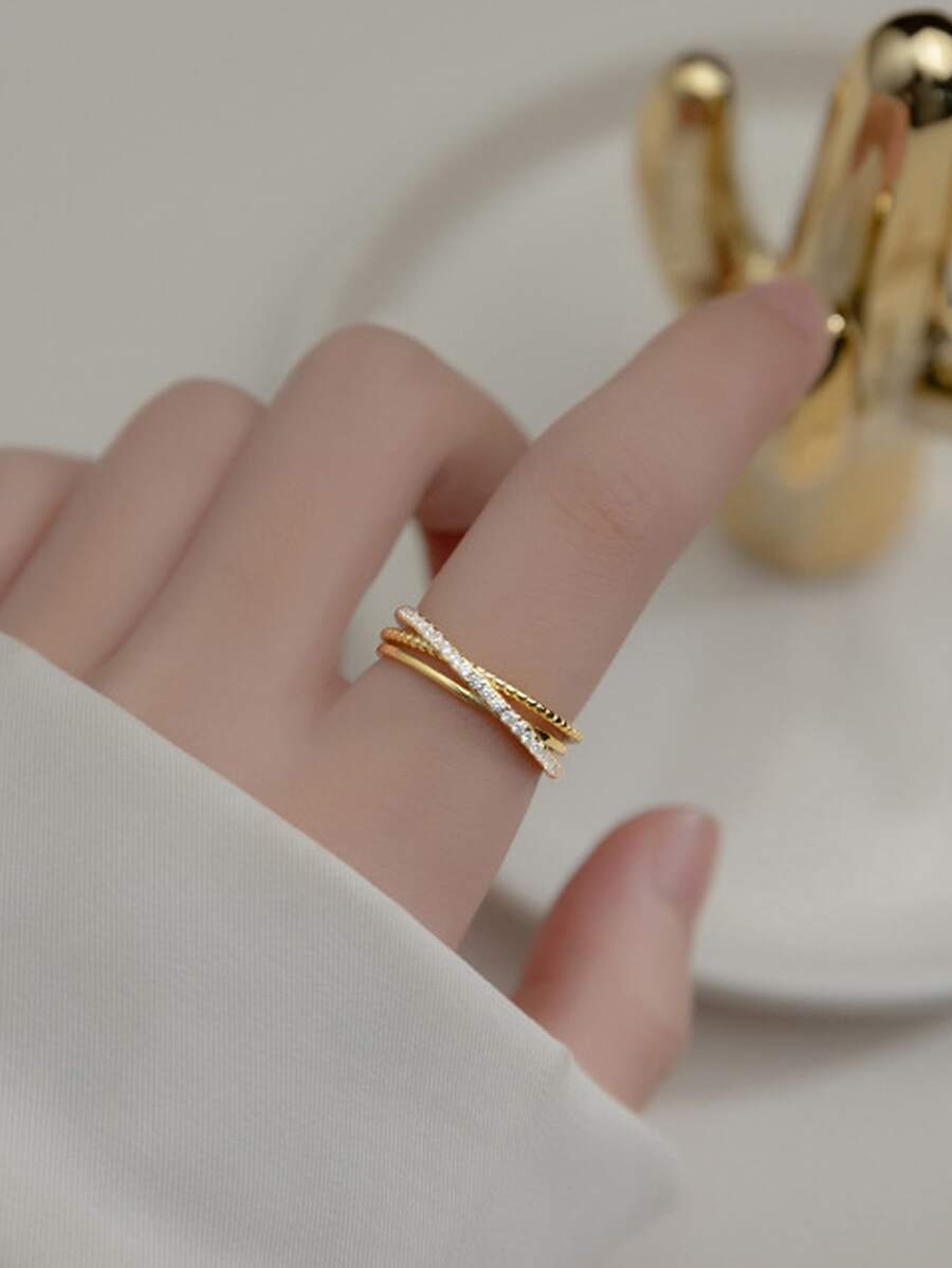 方晶鋯石裝飾袖口銀婚戒適合女士新娘婚禮精細首飾類 - 金黃色 - 查看 1